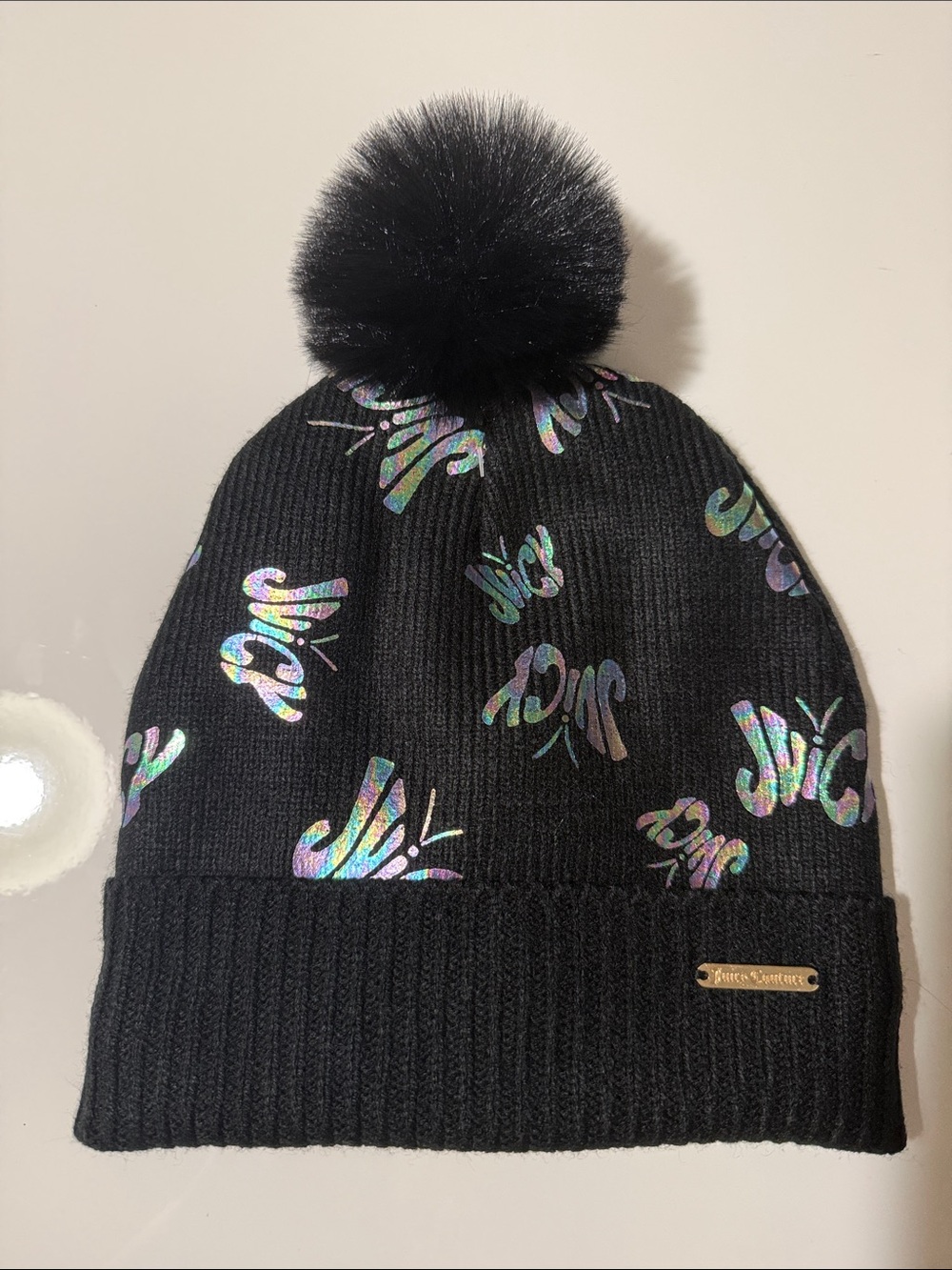Juicy Couture Black Knit Pom Beanie with Iridescent Butterfly Accents